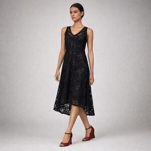 Eileen Fisher Black Crochet Lace Midi Dress Silk Lining Dark Feminine Small